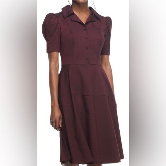 Gal Meets Glam ♡ Burgundy Nina Twill Short Sleeve Button Down Fit & Flare Dress - Picture 4 of 6